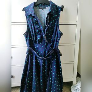 Retro Blue/green polka dot dress w/ belt and tulle under skirt attached size XL